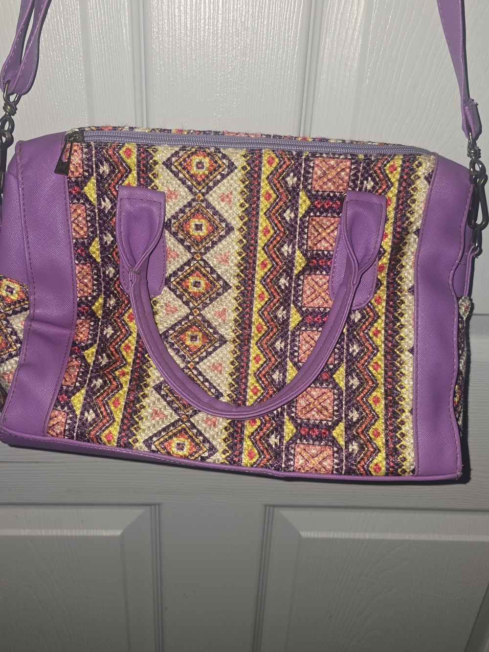 Purple Patterned Woven Tote with Double Handles and Crossbody Strap